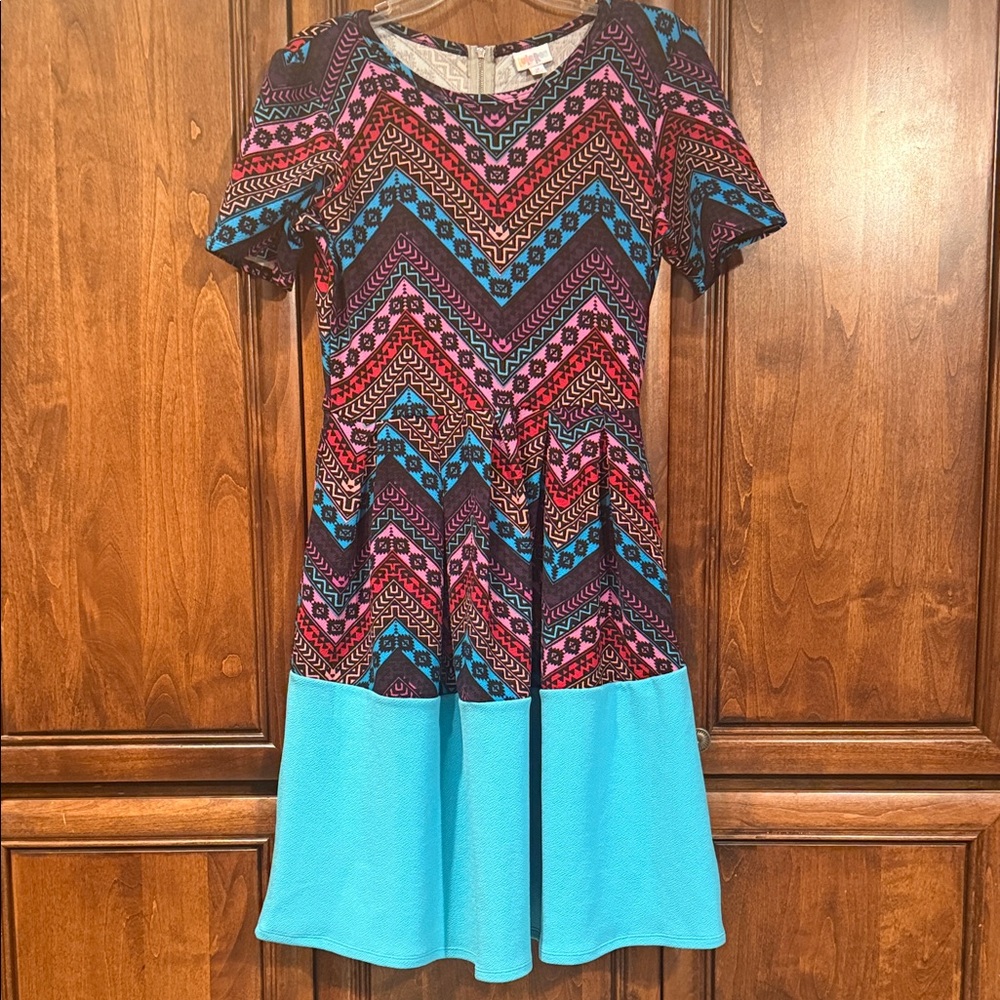 LuLaRoe Amelia Chevron and Teal Color-block Dress